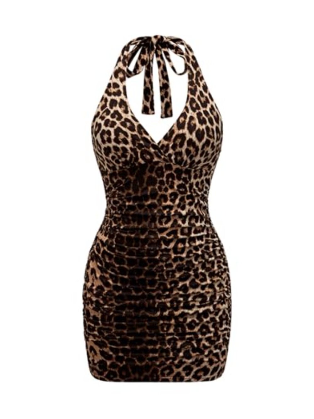 Leopard Print Halter Mini Dress Ruched Tie Backless V Neck Sleeveless Bodycon